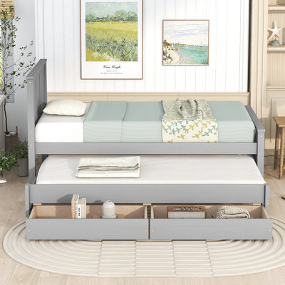 Stylish Solid Pine Platform Bed with Trundle and Drawers, for Space-Saving and Extra Sleeping Solutions