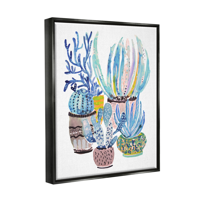 " Patterned Blue Cactus Plants " by Karen Fields, Jet Black Floater Frame, 21" H x 17" W x 1.7" D