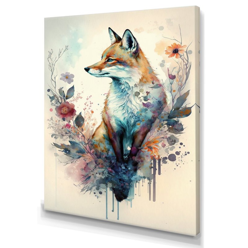 Cute Fox Floral Art III - Animals Canvas Wall Art, 32" H x 16" W x 1" D, Wrapped Canvas