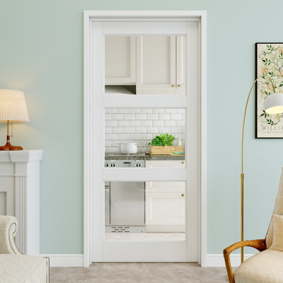 36" x 80" 3-Lite Clear Glass Interior Prehung Door with Silver Hinges, Clear Glass Door Slab, Paintable & Waterproof, Suit for Laundry, Closet Doors, Room Doors, Right Hand