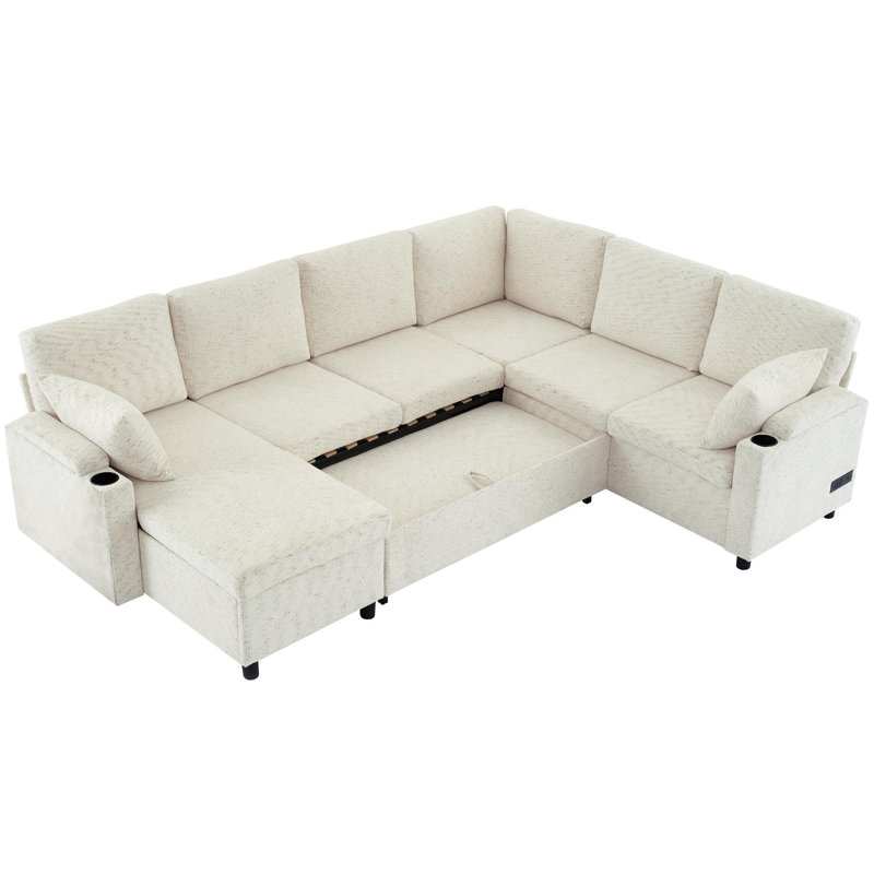 U-shaped Sofa with Ample Storage Space, Beige Chenille
