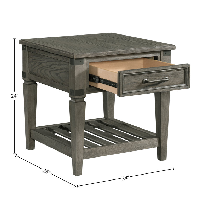 Harpersfield Foundry 24" Wide End Table with Drawer and Shelf, Brushed Pewter