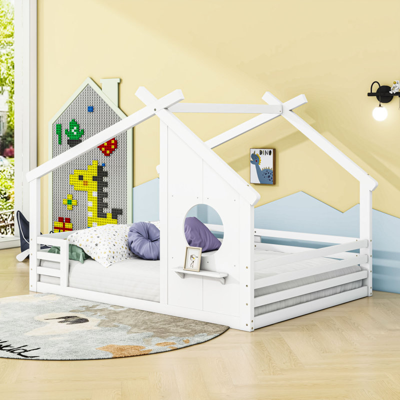 Lit maison avec fenêtre et tablette, rails, Double, Blanc