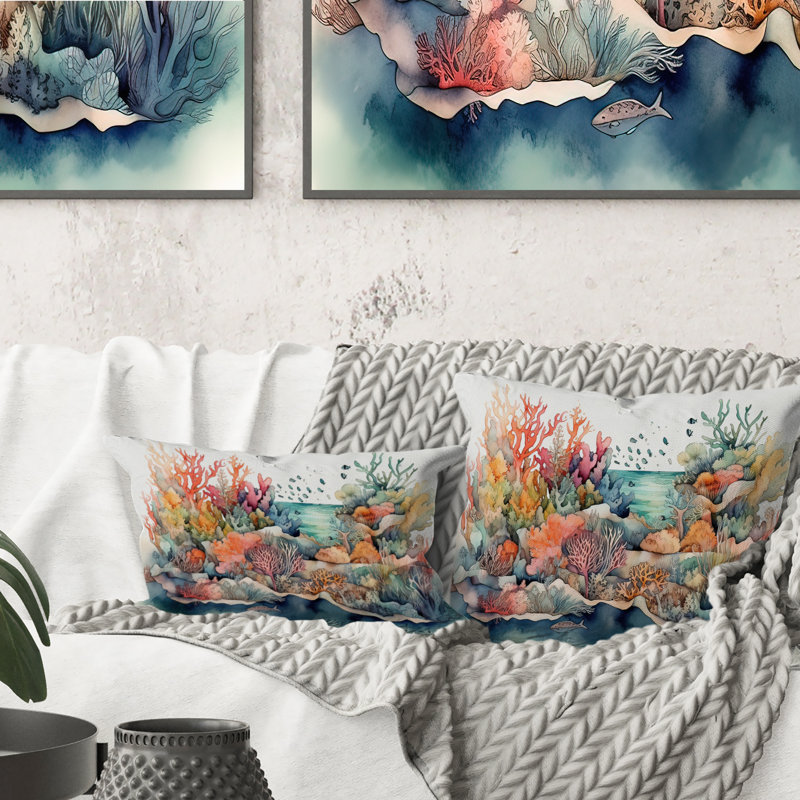 Coussin Vibrant Coral Reef II - Modern Beach, Carré, 18" x 18"