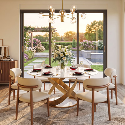 59.06" Modern Round Dining Table for 6-8, Sintered Stone Top and Interlocking Gold Metal Base Pre-Assembly