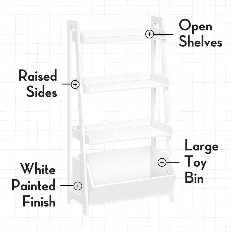 RiverRidge Kids 4-Tier 24in Ladder Shelf Toy Organizer and Book Storage with 3 Open Display Shelf - White with 2 Half Size Fabric Bins