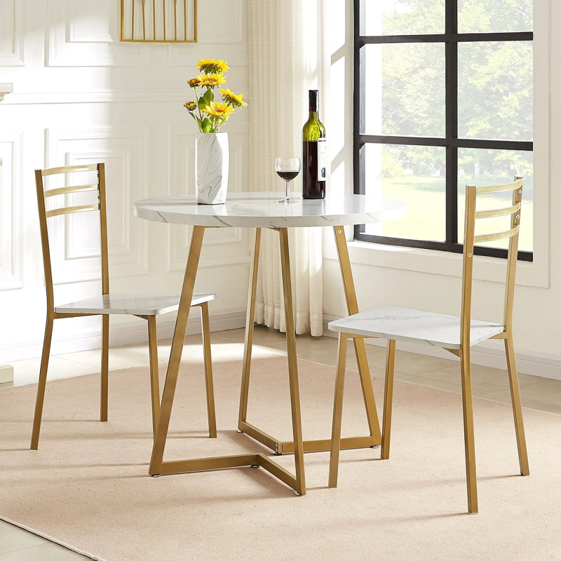 Kilwin 3-Piece White/Gold Modern Round Dining Table Set with 2 Chairs, Space-Saving Kitchen & Breakfast Nook Dining Set, Compact Small Space Bistro Dining Room Table Set