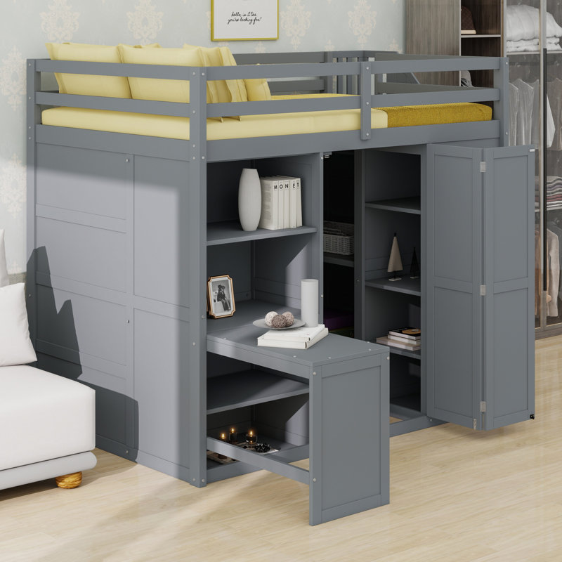 Space-Saving Loft Bed Featuring Wardrobe, Study Desk and Display Shelves, Gray