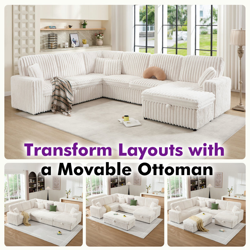 130 Inch Modular Cloud Sectional Sofa with Storage & Ottoman, Faux Fur Upholstered Sleeper Couch Converts to Bed, Beige Sectional for Living Room Large Space