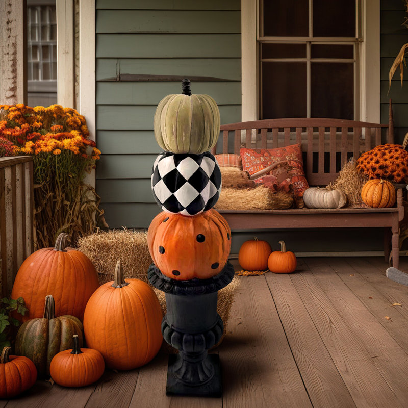 52-inch Stacked Orange, Beige, and Black Metal Pumpkins in Urn