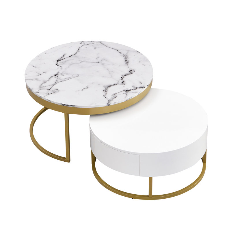 Table basse gigogne moderne moderne, blanche et dorée, tiroirs pour petits objets avec motif, deux tiroirs, taille 31,5 po