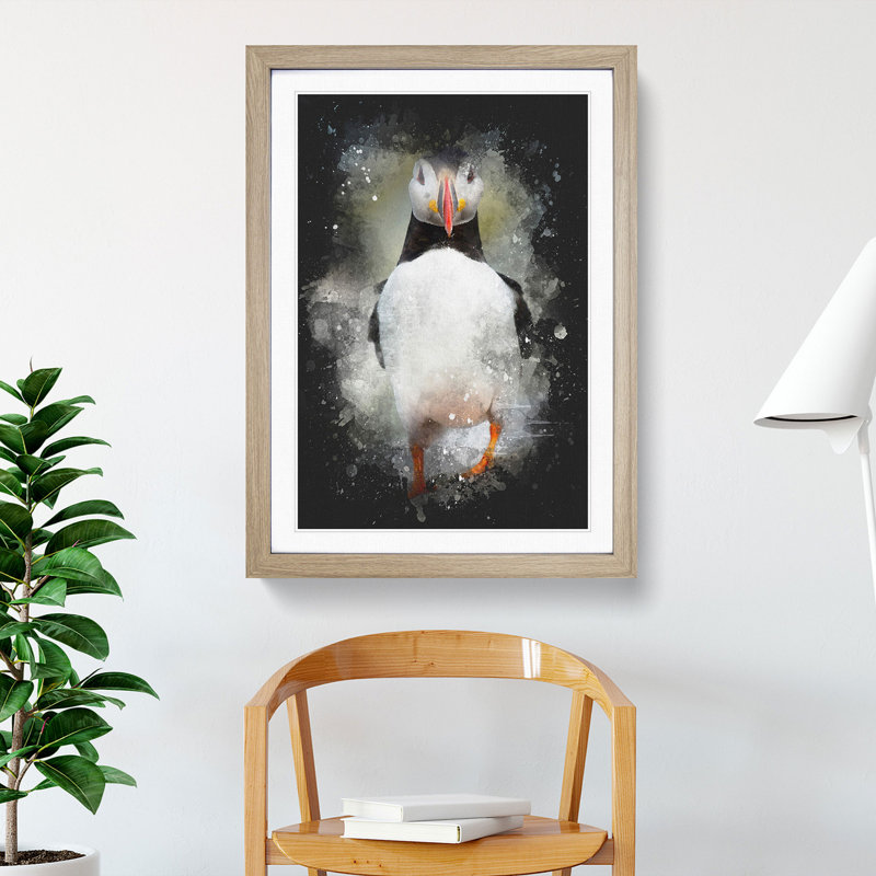 Atlantic Puffin Birds Vol.6 Paint Splash - Picture Frame Graphic Art, 36cm H x 27cm W x 2cm D, Oak