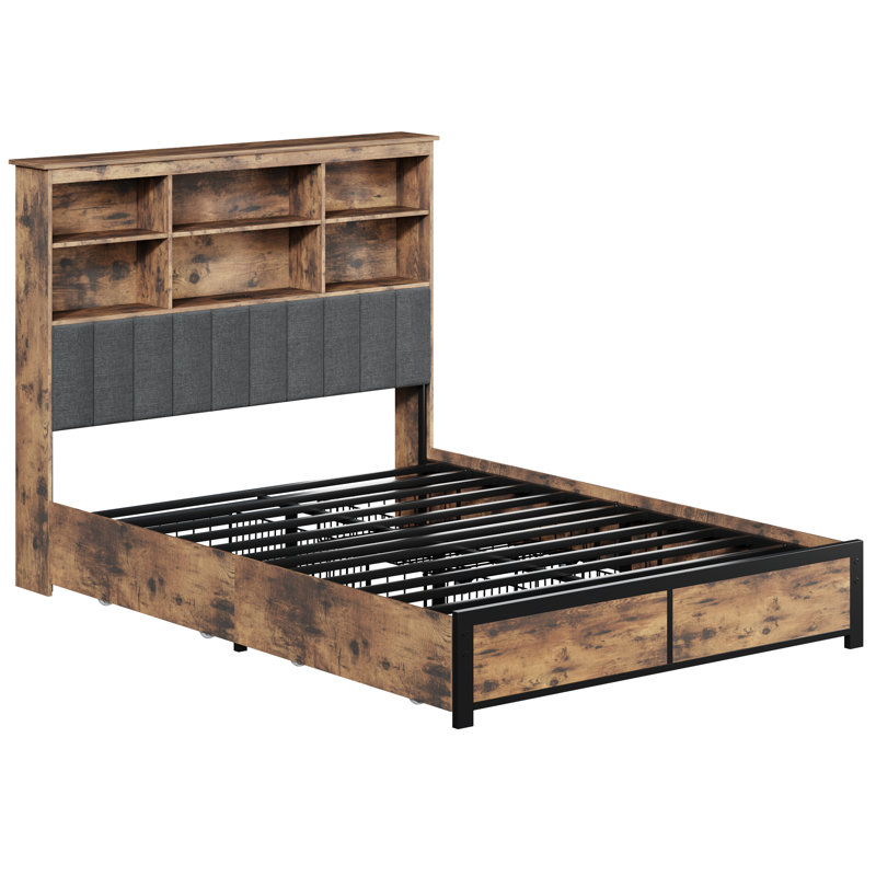 Metal Bed Frame with Bookcase Headboard, Vintage Brown