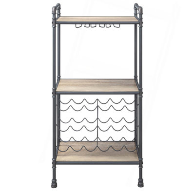Porte-bouteilles en chêne antique et gris sable avec porte-verres à pied