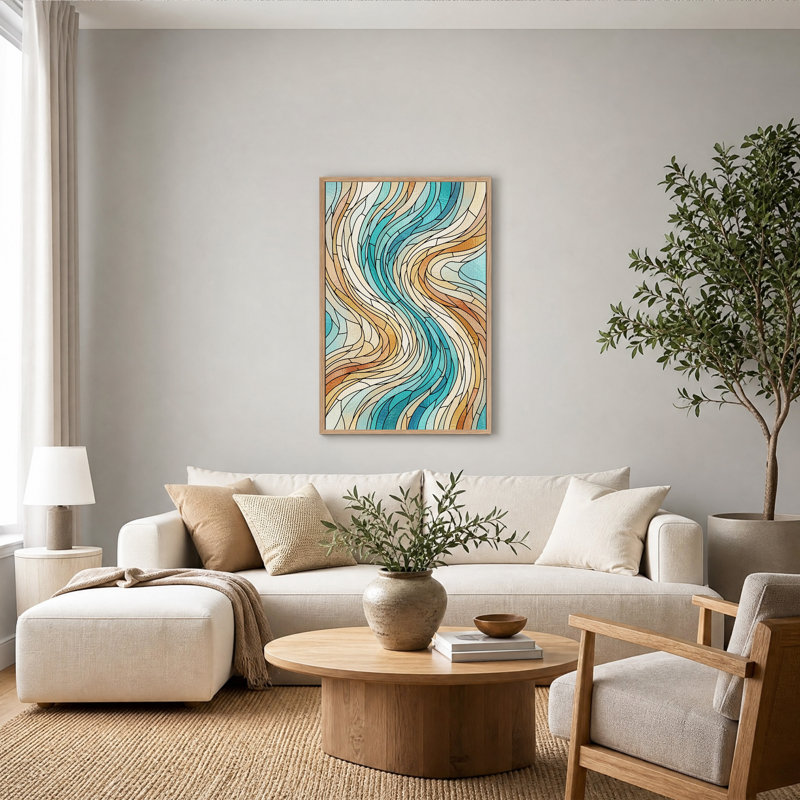 Tableau sur toile « Vagues en vitrail turquoise et beige », H 48 po x l 36 po
