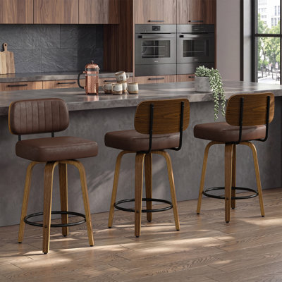 Swivel Upholstered Counter Stool With Wood Frame - Brown(Set of 3)