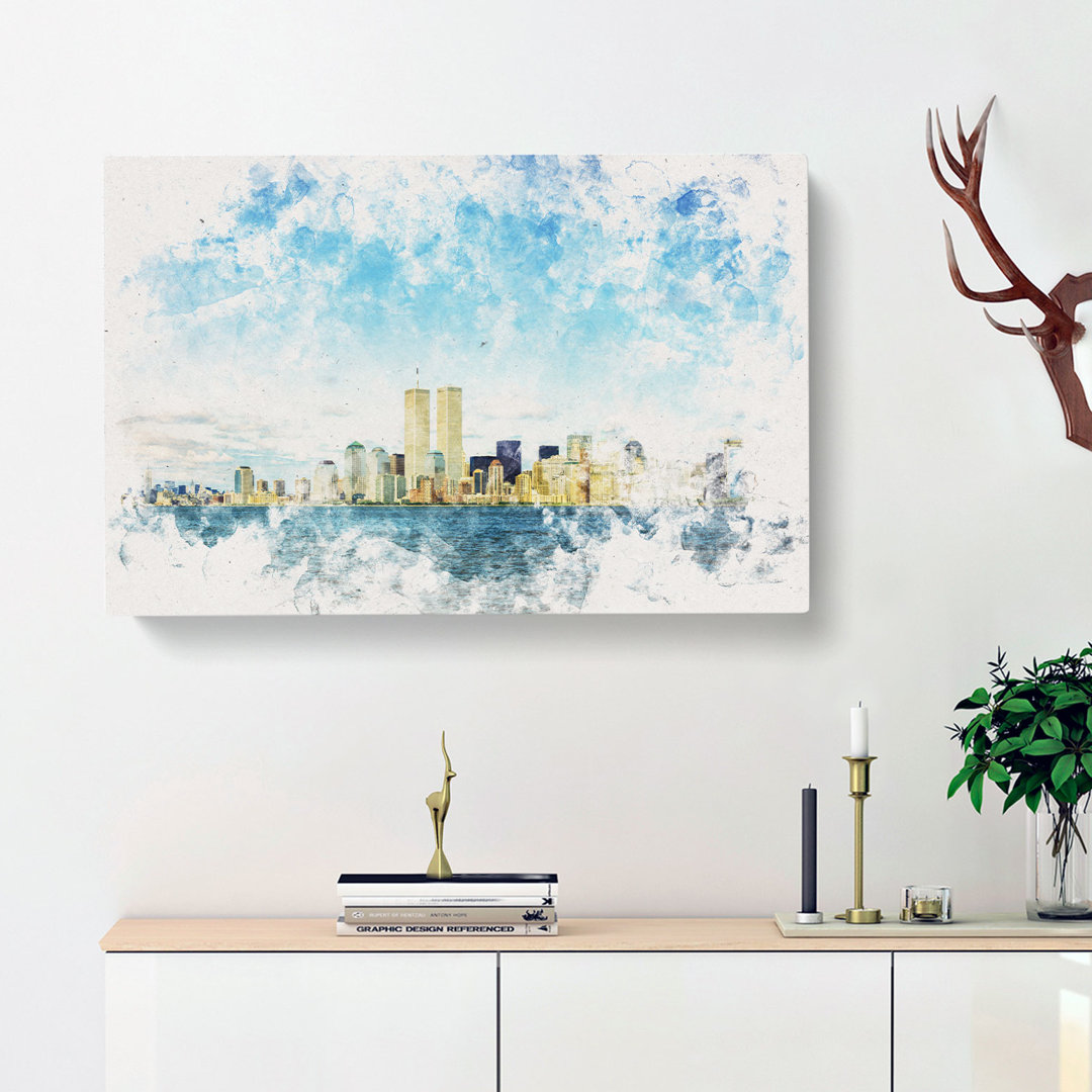 New York Skyline with the Twin Towers Watercolour - Wrapped Canvas