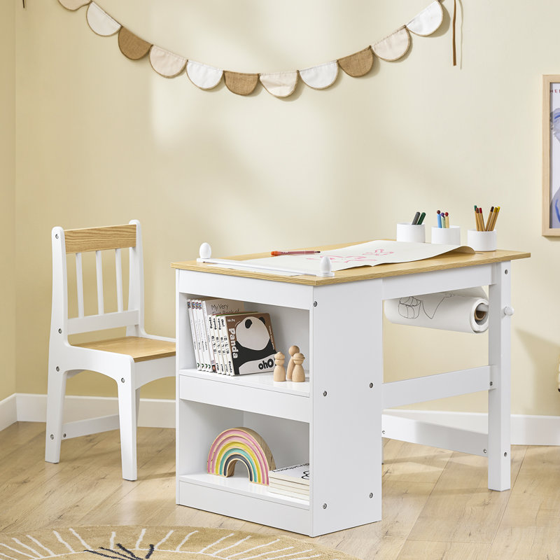 Guthki Kids 2 Piece Rectangular Play Or Activity Table and Chair Set, Natural Wood/White