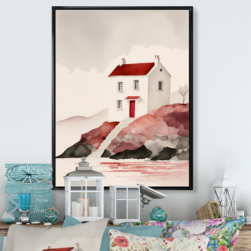 Maison blanche avec toit rouge au bord de l'eau - reproduction sur toile, L 12 po x H 20 po, Cadre flottant noir