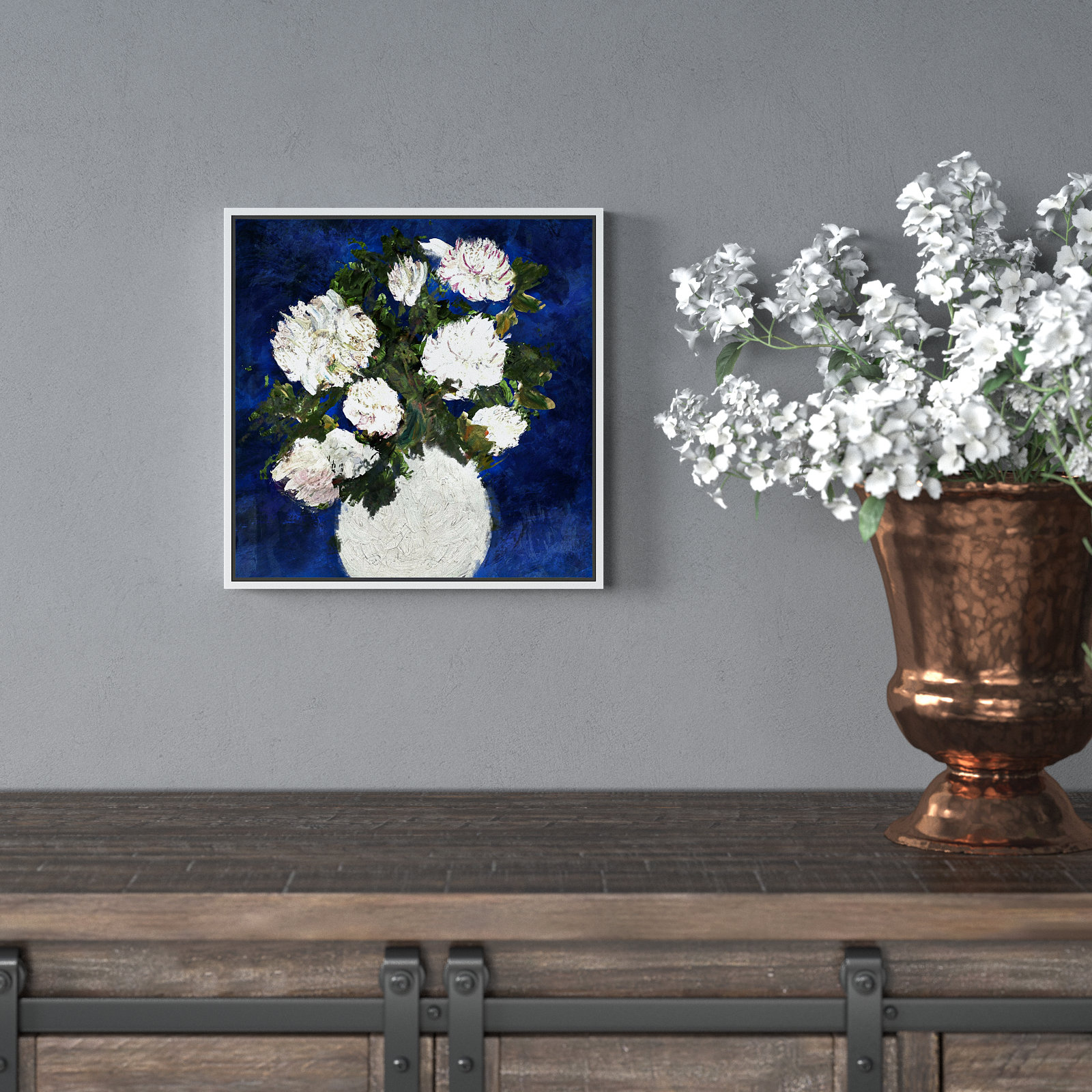 Dripping Roses Painting, White Framed, 13" H x 13" W x 1.5" D
