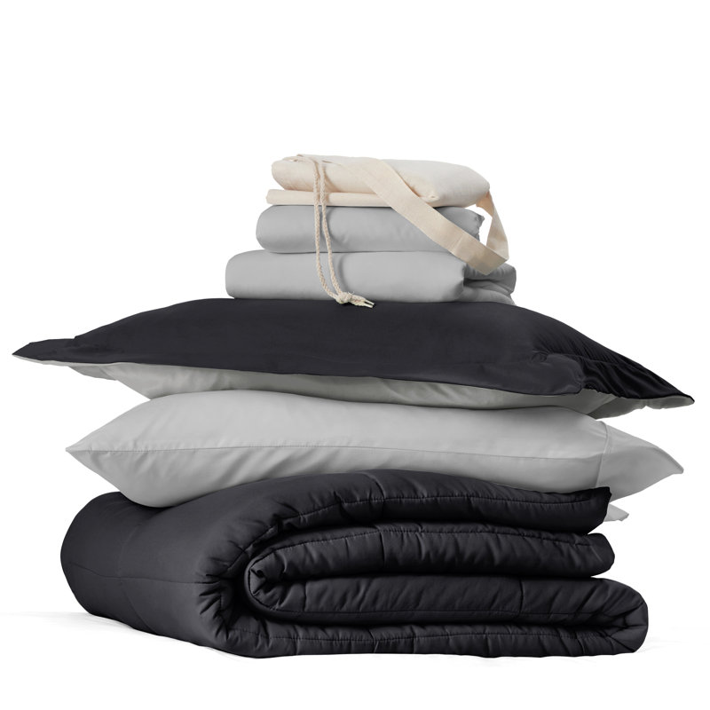 8-PC College Dorm Twin XL Bedding Bundle - Comforter Set, Sheet Set, Pillows and Laundry Bag, Black / Fog