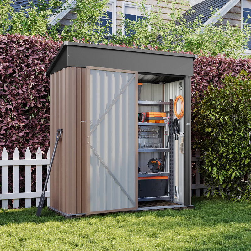 5x3 ft Metal Garden Shed, 150x88x185 cm Galvanised Steel Storage Shed with Sloping Roof, Lockable Door & Ventilation for Garden Tools