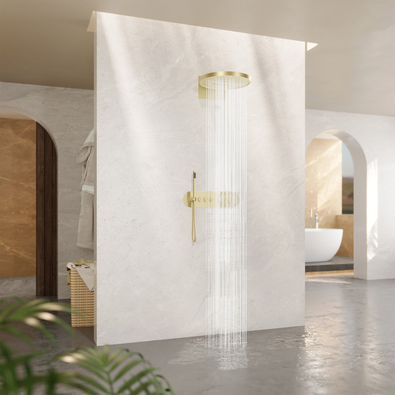 Ancoats 3-Function Round 16" Wall Mounted Thermostatic Complete Shower System with Handheld Spray, Brushed Gold