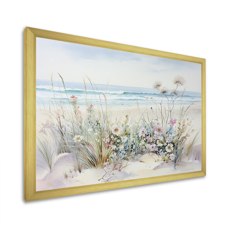 Fleurs sauvages sur la plage - Art mural fleurs sauvages, Cadre photo unique, H 16 po x l 32 po, Doré
