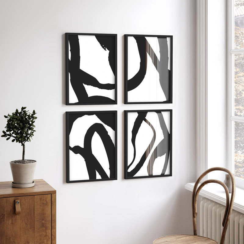 "Art moderne noir et blanc à coups de pinceau" - 4 pièces, H 10 po x l 8 po, Or