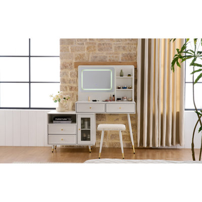 Bureau de maquillage en blanc avec miroir ajustable tricolore, armoire latérale interchangeable, séparateurs de tiroir et compartiments à DEL haute définition pour meuble-lavabo Power Strip, prise de courant