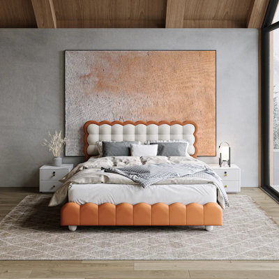 Waffle King Size Leather Upholstered Bed With Wooden Legs, Orange Sturdy Platform Frame With Wooden Slat Support, No Box Spring Needed, Easy Assembly