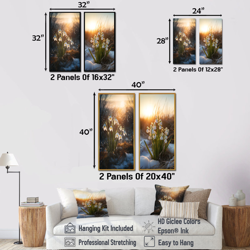 «Green Snowdrops Winter Sunset - Snowdrops», ensemble d'art mural sur toile, Toile tendue, H 32 po x l 33 po