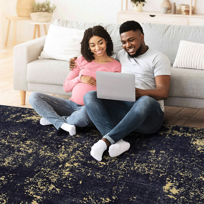 6X9 Rug, Machine Washable, Low-Pile. Non-Slip Floor Covering For Bedroom, Living Room, Dining Room. Safe & Pets. Black And Gold Washable Non-Shedding, Non-Slip. Super Soft Kitchen.