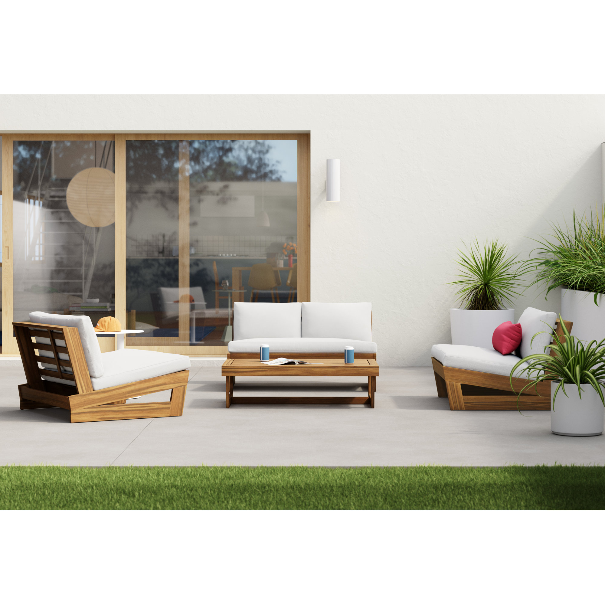 Louise Acacia 4 - Person Patio Conversation Set with Cushions, Teak Frame/White Cushion