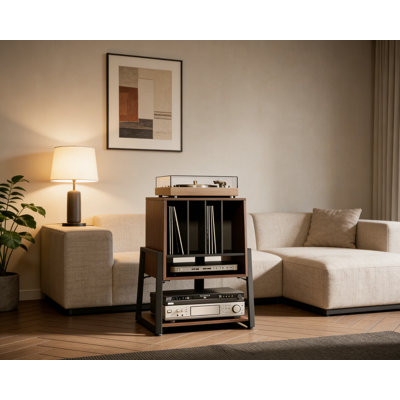 Record Player Stand With Vinyl Storage, Turntable Entertainment Center Holds Up To 120 Records, Sturdy Multi-Level Design For Living Room Audio Setup