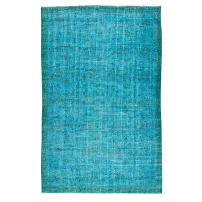 6.6x10.3 Ft Handmade Turkish Area Rug Over-Dyed in Teal Blue for Contemporary Interiors