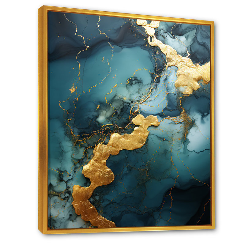 Or et vert motif de marbre abstrait V - décoration murale en marbre, Cadre flottant doré, H 40 po x l 30 po x P 1,5 po