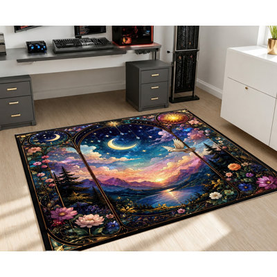 Tapis paysage céleste nocturne, style vitrail, motif lune, étoiles et coucher de soleil onirique, tapis de sol artistique antidérapant, décoration intérieure vibrante pour salon, chambre, dortoir, appartement, bureau
