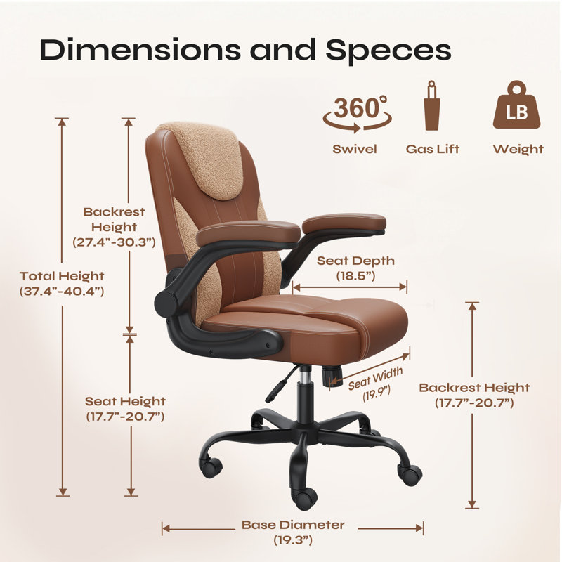 Ergonomic Executive Leather Office Chair, Tilt Adjustment Swivel Desk Chair With Flip-Up Arms And Water-Resistant Upholstery
