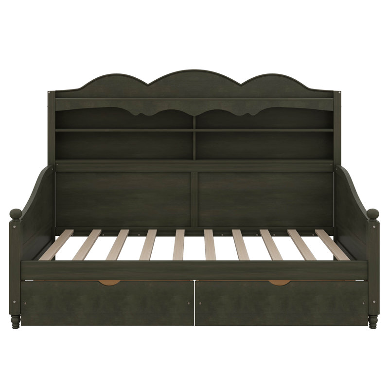 Structure de lit de jour en bois avec tiroirs de rangement et tête de lit à tablettes, aucun sommier nécessaire, Antique Grey