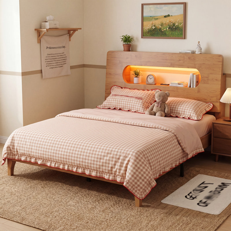 Lit plateforme en bois massif avec tête de lit à DEL et rangement USB - Double / Grand / Très grand, Naturel / Brun, Brown