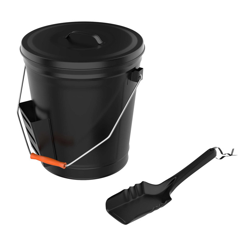 Cendrier en bois de frêne - Seau en métal de 4,75 gallons avec couvercle et pelle pour cendres de foyer ou foyer - Outils pour foyer résistant à la chaleur (noir)