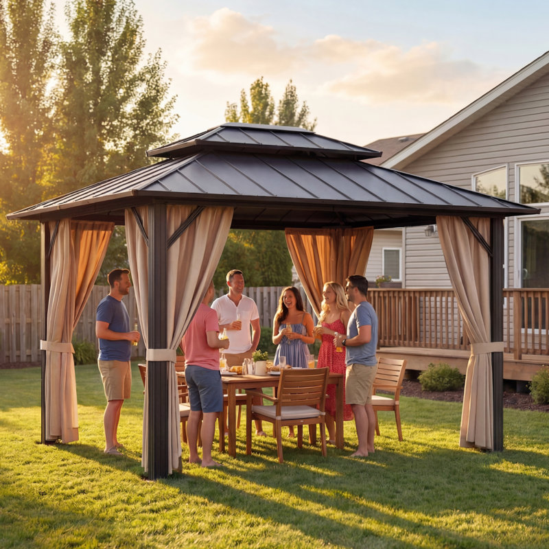 10x12 FT Aluminum Outdoor Gazebo, Heavy Duty Metal Party Tent with Double-Tier Ventilated Roof and Privacy Screens, Suitable for Deck, Lawn