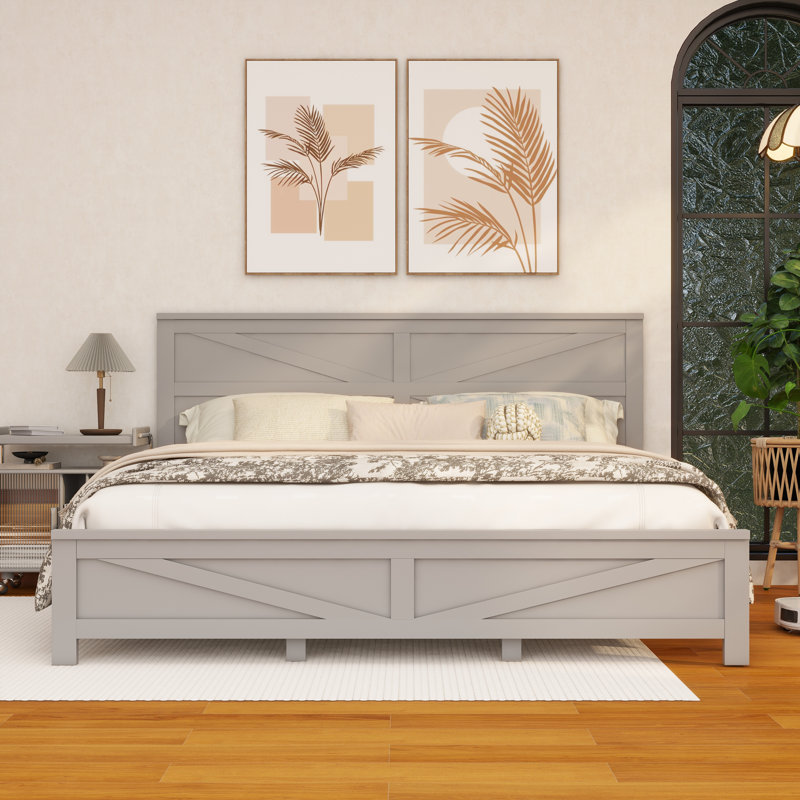 Tête de lit et pied de lit de style campagnard grand avec porte de grange de style campagnard, lit en bois de pin avec cadre de lit renforcé, gris