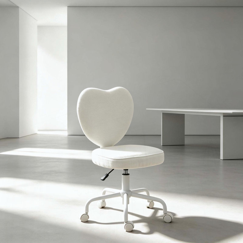 Chaise de bureau blanche en lin en forme de cœur avec hauteur réglable, Rembourrage en mousse, Blanc, Blanc