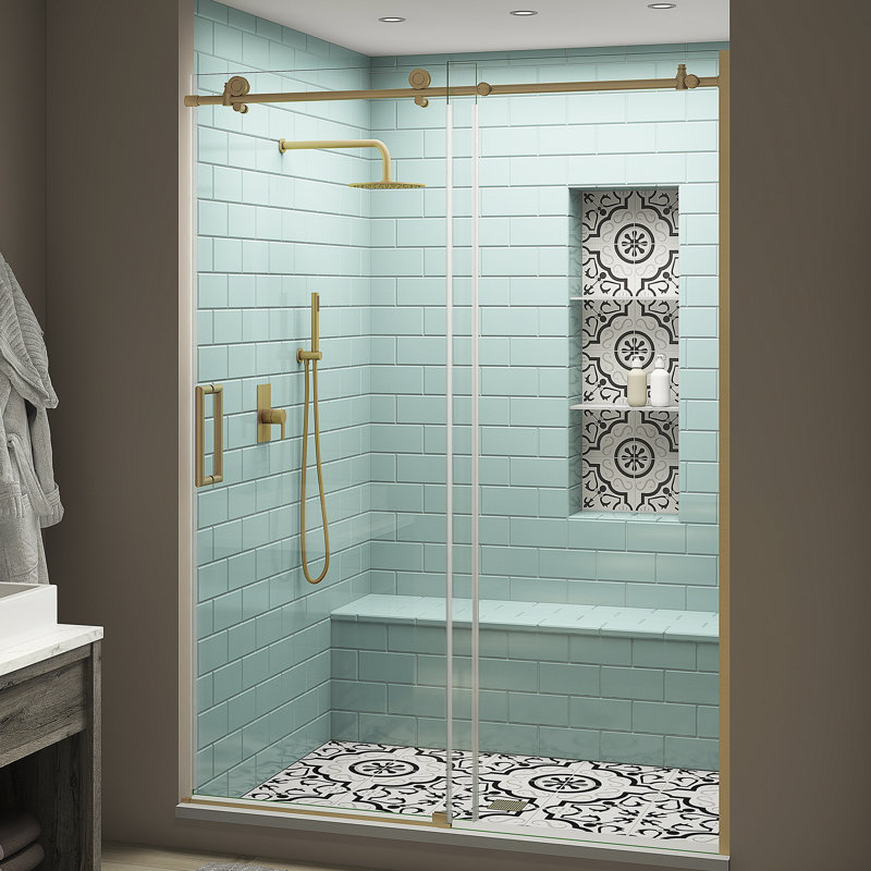 Coraline XL  56" W x 80" H  Single Sliding Frameless Shower Door with StarCast by EnduroShield, Left Opening, Gold