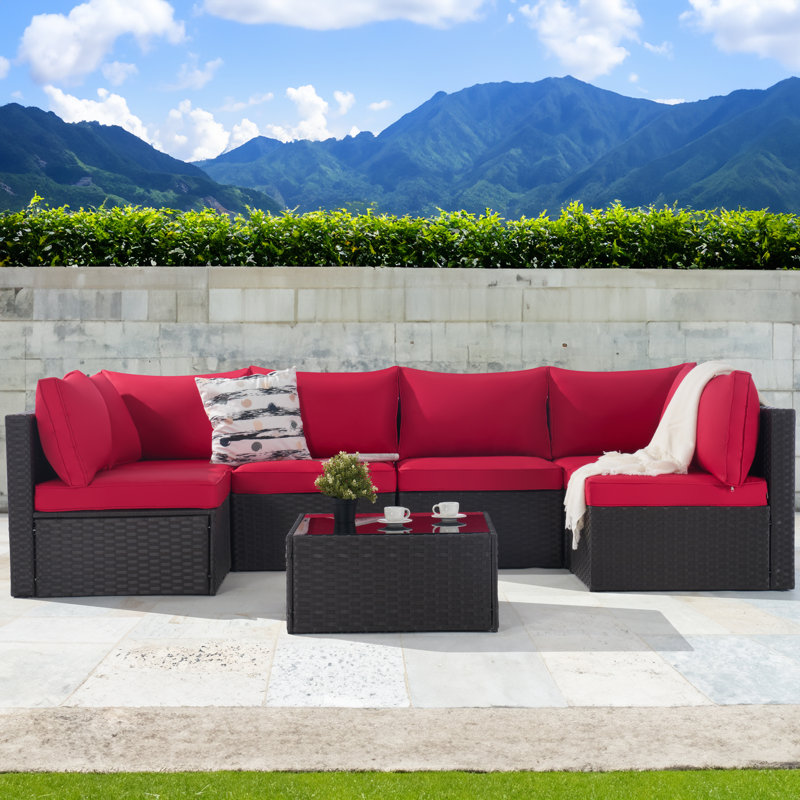 7-Piece Wicker Patio Conversation Sofa Set - Outdoor Sectional Seating with Tempered Glass, Red