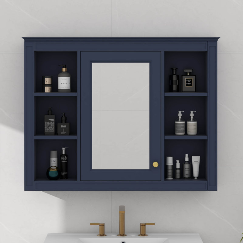 Armoire à pharmacie murale avec miroir et 6 tablettes ouvertes, Bleu