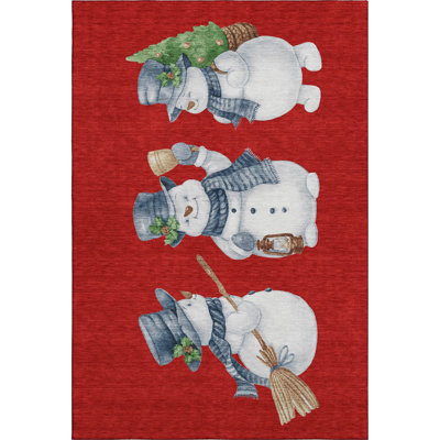 8' X 10' Red And White Christmas Snowmen Washable Area Rug With UV Protection