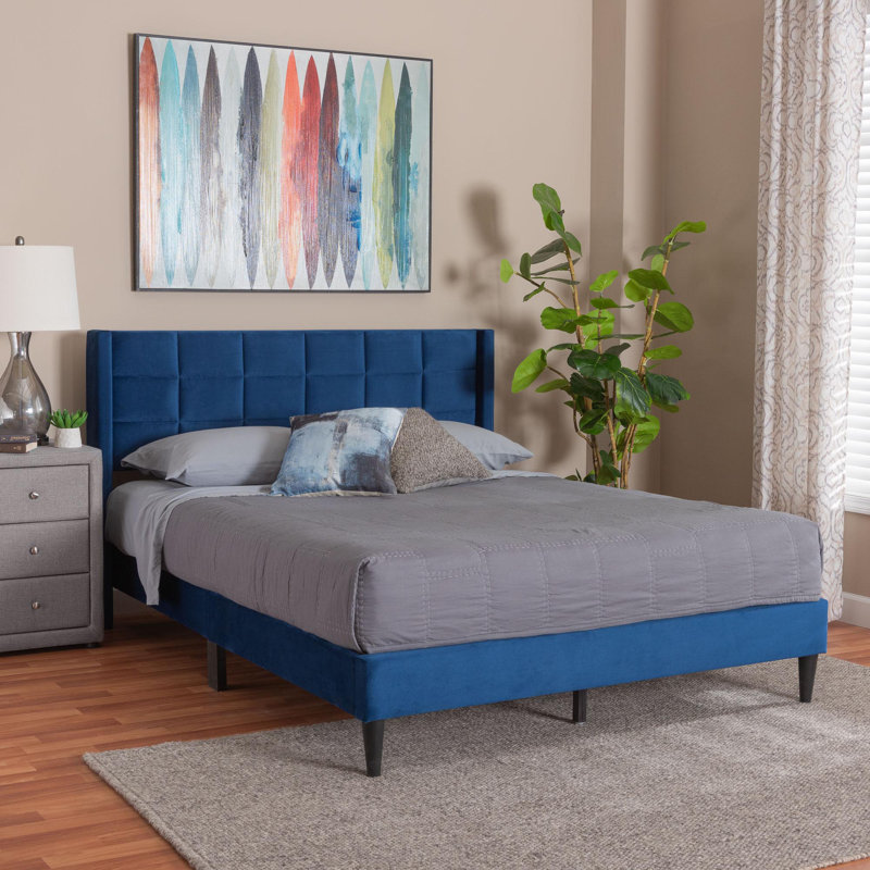 Grand lit Baxton Studio Payne moderne en velours gris glamour et bois brun foncé, Bleu marine